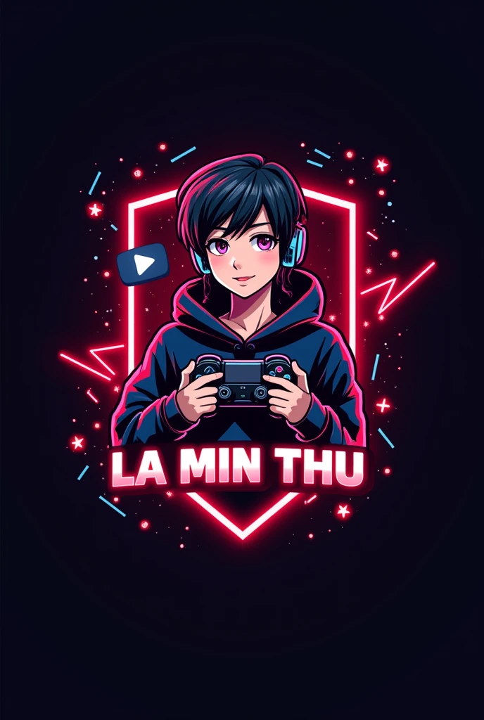 This is a gaming logo that features the name " La Min Thu " in a futuristic font and a neon Red color. and Boy Anime avtar, The logo also has a stylized controller icon and a YouTube play button in the background. The logo is designed to be attractive and eye-catching, and to appeal to gaming enthusiasts and YouTube viewers. I hope you like it.