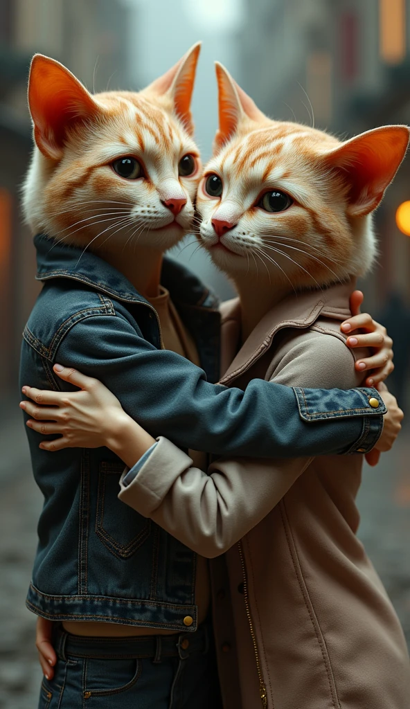 3d、Ultra HD、Side view、Digital Art、Real People、Two people with human bodies and cat faces hugging each other、Hugging、I wear clothes