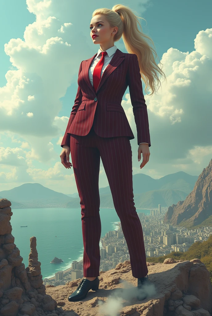 (photorealism:1.2), ypung bbw, beautiful schoolgirl a massive curvy blonde ponytail red lips wearing a perfect dark red pinstripe suit with a thick light red tie large collar large breasts. , standing, giantess art, highly detailed giantess shots, giantess, most detailed, perfect face, Two legs, Five fingers, short hair, A high school girl who is bigger than a skyscraper, smile, huge breasts, Red tie, , Steam coming out from the soles of my feet, seaside metropolis, numerous Destroying cities, Under heavy attack, A very small big city, Miniature metropolis, Full body description, GTS, giga giantess, gigagts, stomping city, crash city, tiny city, micro city, , High resolution, highest quality, masterpiece,