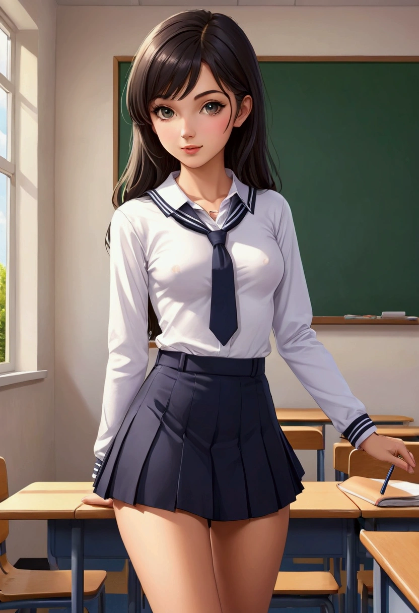 Sexy slim school girl open her school outfit to show her little round boobs