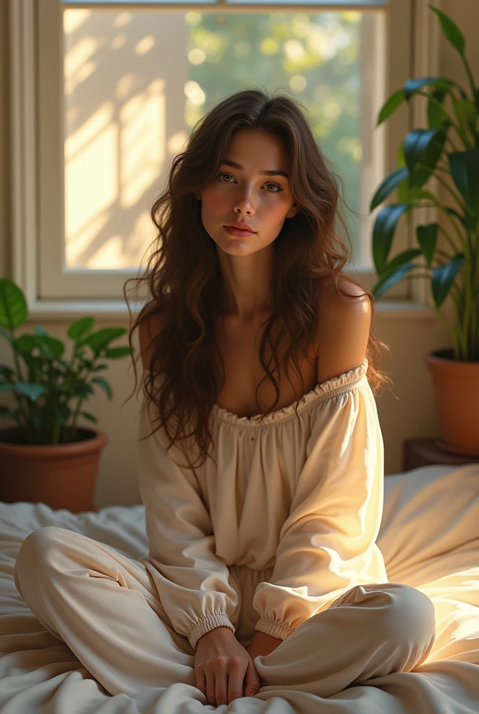 (photorealism:1.2), beautiful woman, sitting on bed, wearing loose off-shoulder top, pajama pants, long curly hair, indoors, soft lighting, plants in background, window with sunlight, cozy room, relaxed pose, realistic, intricate details, warm colors, by Greg Rutkowski, by Alphonse Mucha