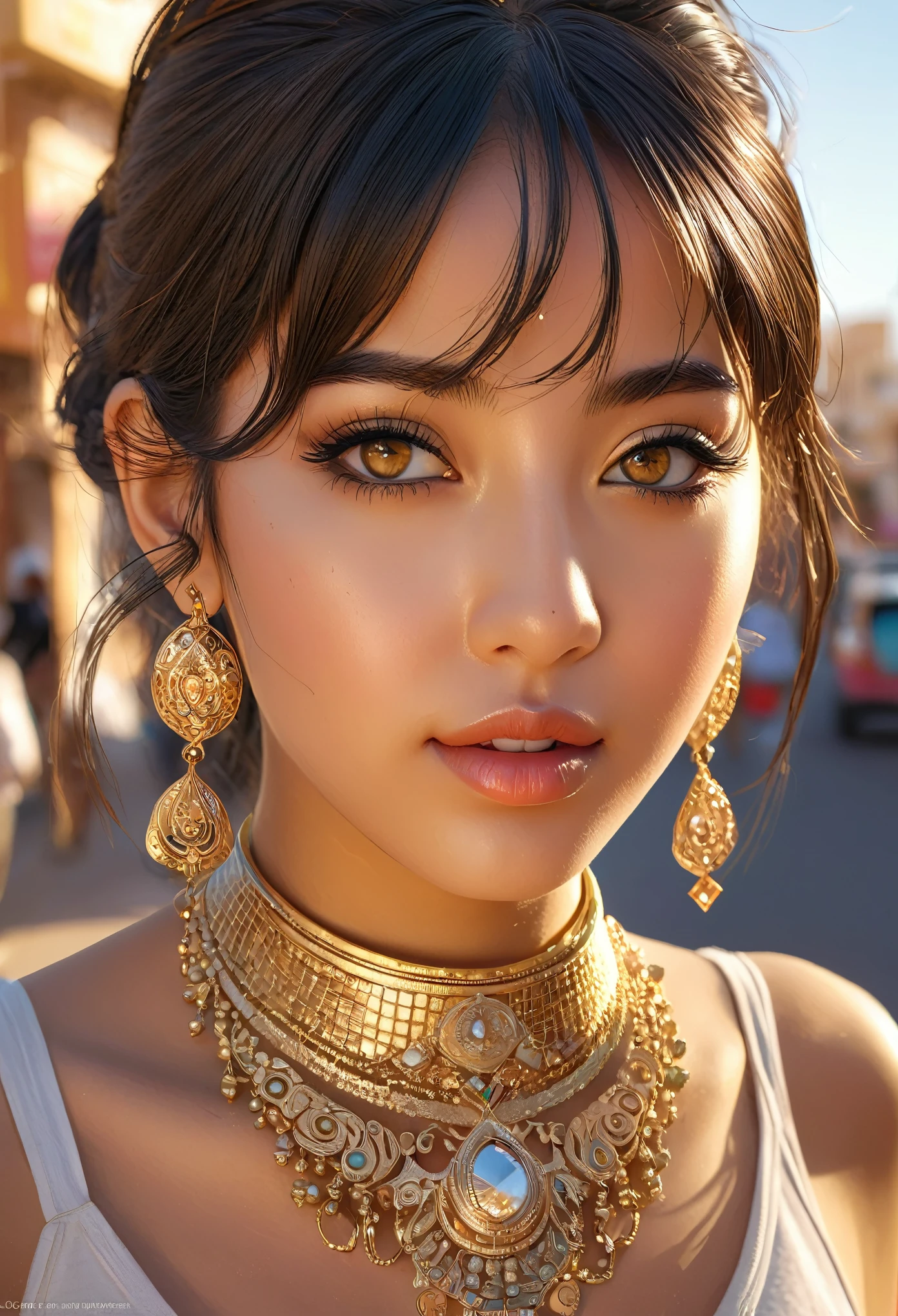 (a beautiful girl with anime-style features, in golden jewelry, on the streets of a city in Western Sahara), illustrations, detailed features, high-res, ultra-detailed, photorealistic, portraits, warm color tones, soft lighting