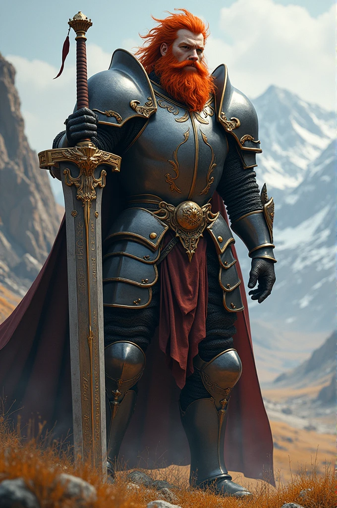 A knight with a red mane and a large sword 