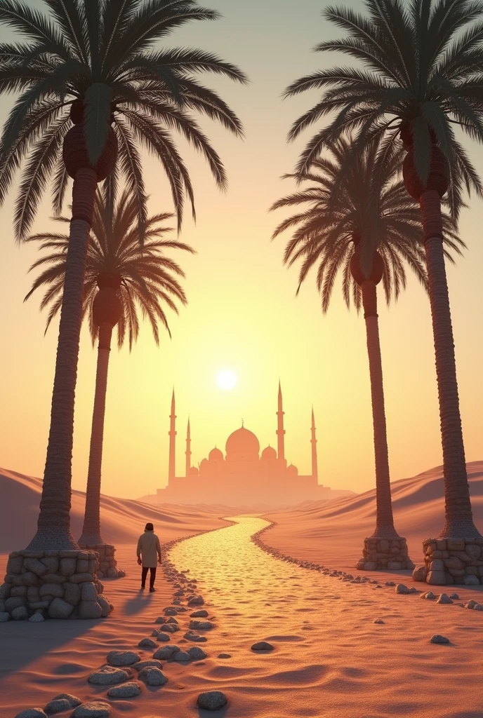 The view of the way to the mosque. The scene will be Arabian atmosphere.
There will be palm trees and small stones along the road.
Desert all around, a mosque can be seen in the distance.