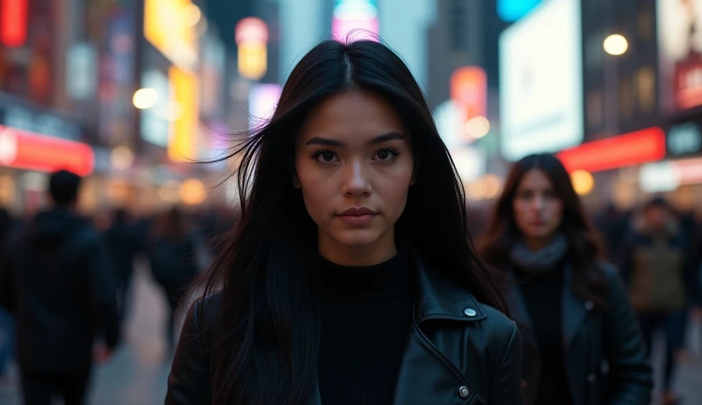 (masterpiece, best quality:1.2), (crowded, busy street filled with people:1.4), (woman walking confidently, sharp focus:1.3), (black hair, straight:1.3), (blurred people, background noise and distractions:1.3), (calm, resolute expression:1.3), (purposeful movement, unfazed by surroundings:1.3), (glowing smartphone screens, soft diffused city lights:1.2), (low-angle shot, emphasizing strength and determination:1.3), (8K, ultra-detailed, hyper-detailed, RAW photo quality, Unreal Engine rendering:1.3)