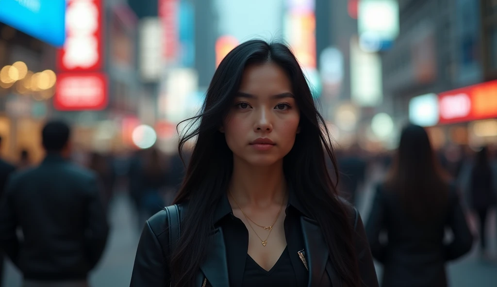 (masterpiece, best quality:1.2), (crowded, busy street filled with people:1.4), (woman walking confidently, sharp focus:1.3), (black hair, straight:1.3), (blurred people, background noise and distractions:1.3), (calm, resolute expression:1.3), (purposeful movement, unfazed by surroundings:1.3), (glowing smartphone screens, soft diffused city lights:1.2), (low-angle shot, emphasizing strength and determination:1.3), (8K, ultra-detailed, hyper-detailed, RAW photo quality, Unreal Engine rendering:1.3)