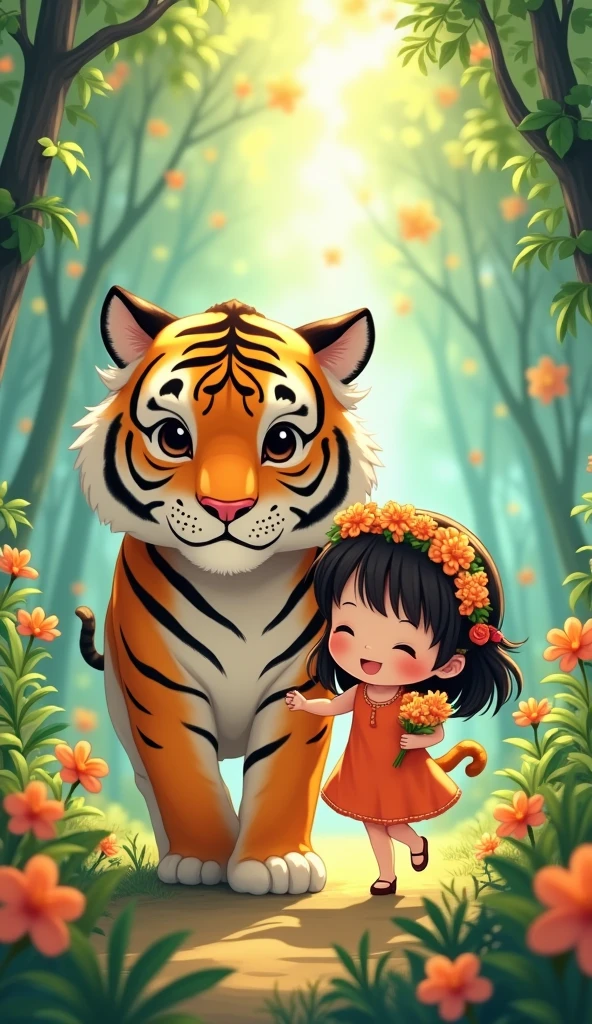 a Chibi girl, orange dress, smile face detailed, flowers garland on head, hold orange flowers, walking with a big tiger in the jungle , ลายเข็น orange black, manga art inspired ,fantasy, สีสดใส, aurora ,wide shot, full body, 9:16 ,cute detailed digital art, background matching orange , creating a harmonious and dreamlike portrait, beautiful art uhd 8k, adorable digital painting, magical ocean , very beautiful gorgeous digital art.