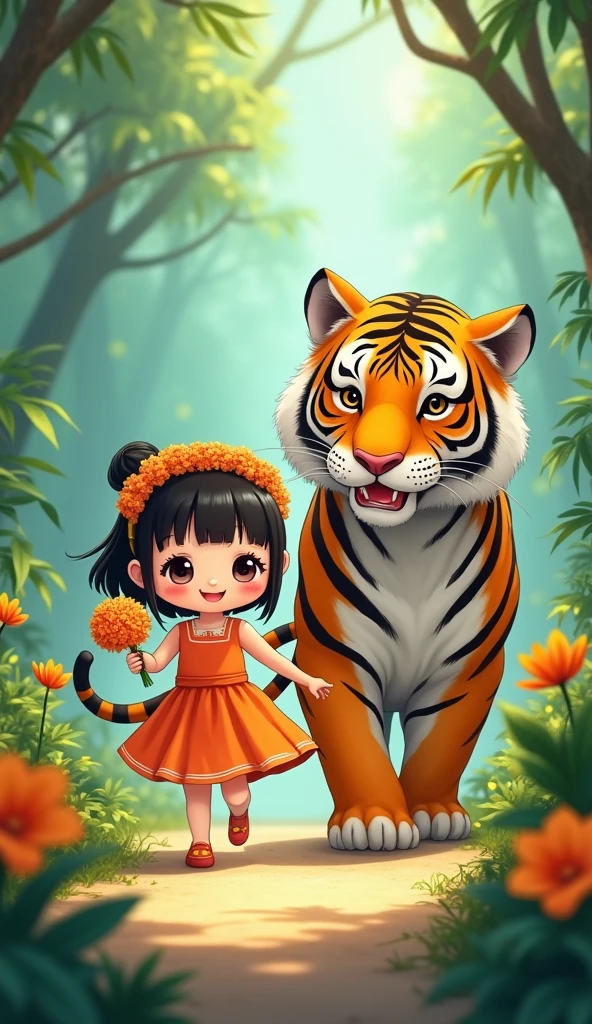 a Chibi girl, orange dress, smile face detailed, flowers garland on head, hold orange flowers, walking with a big tiger in the jungle , ลายเข็น orange black, manga art inspired ,fantasy, สีสดใส, aurora ,wide shot, full body, 9:16 ,cute detailed digital art, background matching orange , creating a harmonious and dreamlike portrait, beautiful art uhd 8k, adorable digital painting, magical ocean , very beautiful gorgeous digital art.