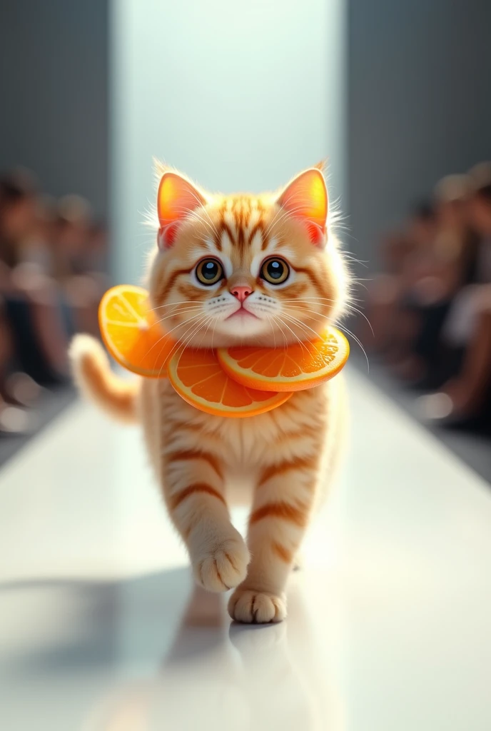 (photorealism:1.2), cute cat wearing oranges walking on the runway 