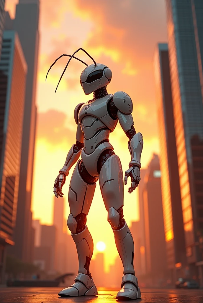 Fire ant in white glossy cyborg costume standing between sky scrapers at sunset moving