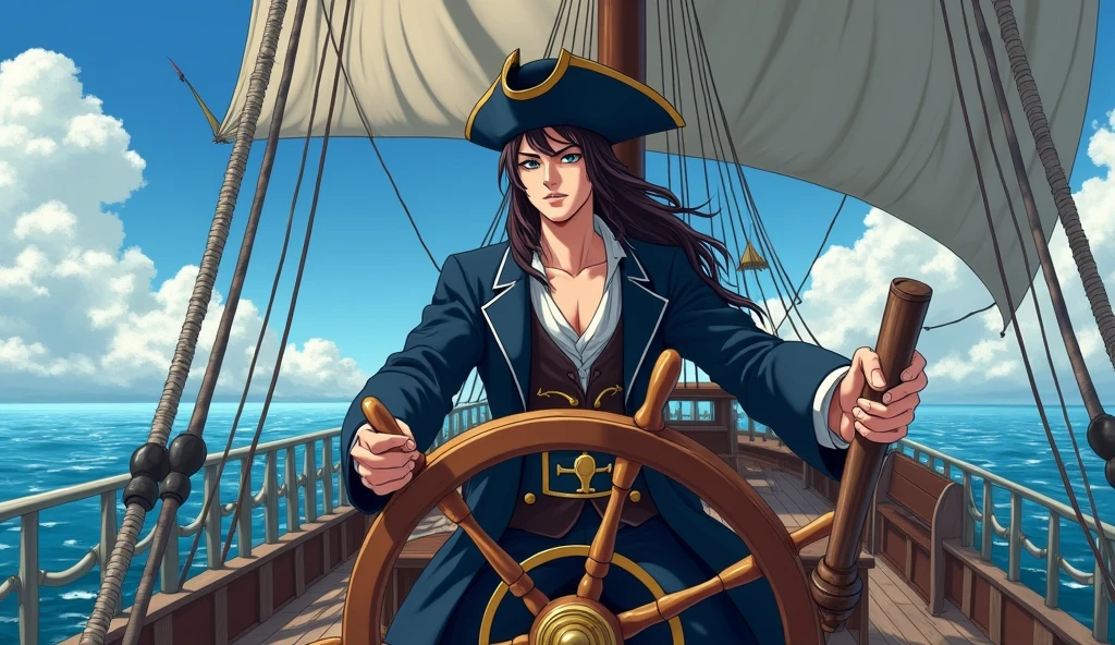 ((Highly detailed anime art)),Pirate Captain,Wooden boat,Long coat,tricorn hat,Fantasy,((masterpiece, Highest quality, Extremely detailed CG, unity 8k wallpaper )),(masterpiece, Highest quality, Highest quality, Official Art, beautiful),Very vivid,High-precision images,Ultra-high resolution,Great art,Poster Art,Impressive photos,Impressive art,beautiful顔,Perfect Face