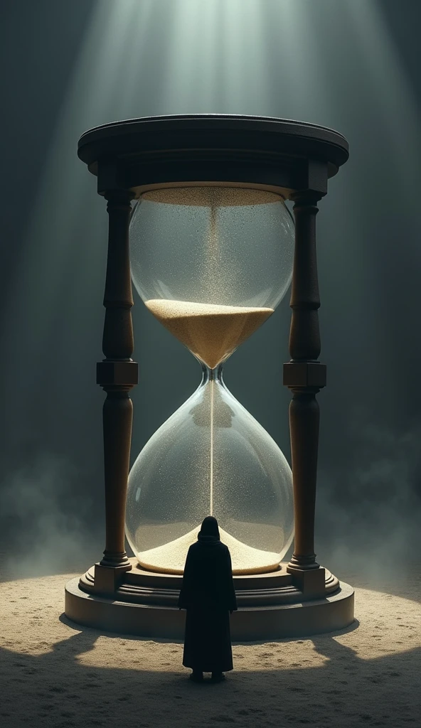 The hourglass is placed prominently in the scene, with grains of sand falling slowly to accentuate the passage of time and the test’s intensity.