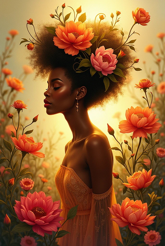 Black woman with flowers surrealistic drawing with golden color