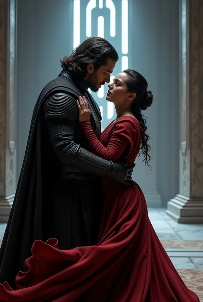 Unmasked Kylo Ren and Rey kissing in an Imperial meeting hall