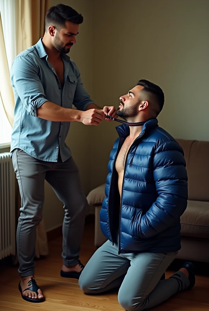 Violent BDSM with two visibly handsome and seductive macho gay men hyper-realistic, BDSM image, RAW, high resolution, high definition, high texture, showing two extremely seductive and handsome men together in a living room with high natural lighting. (((Wonderful and seductive uncle, 4, short hair with signs of initial baldness, wearing pants and an *extremely shiny blue nylon puffer jacket* open, exposing his hairy chest and slightly prominent belly. He is kneeling on the floor, *wearing a collar around his neck*, being pulled by the collar by his nephew, a very handsome and domineering man, 2, natural physique, dressed in a dress shirt and casual pants, next to his wonderful uncle submissive))). (((The *domineering nephew, with a maliciously authoritarian expression, pulls the leash of the collar attached to the submissive uncle's neck*, while the submissive uncle, *kneeling*, expresses that he is visibly humiliated))). High natural lighting, which enhances the realism of the BDSM image. The image must capture every detail accurately, emphasizing the BDSM interaction and the role contrast between the two men together (dominant nephew together with the submissive uncle), highlighting the realistic BDSM image with two handsome and seductive men together. Super details, best quality, anatomically correct, accurate.