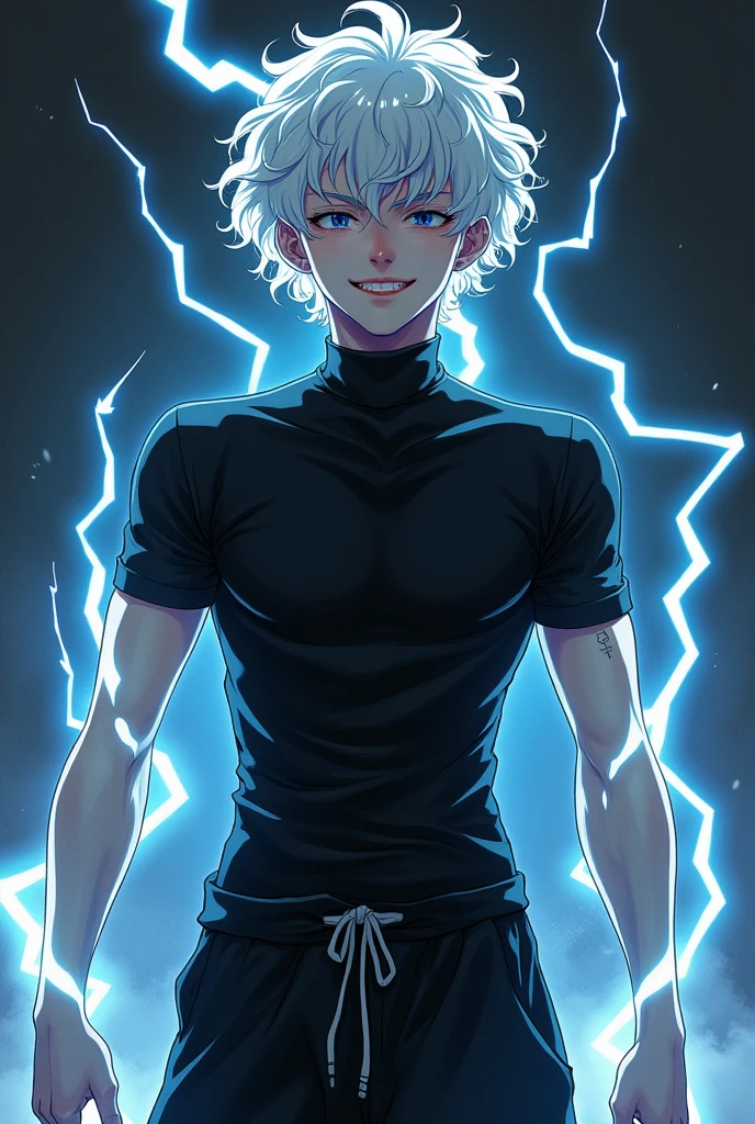 Half-dark anime boy, physically weak with white curly hair, he wears a black compression shirt and black harem pants too, he has lightning power and a sadistic smile
