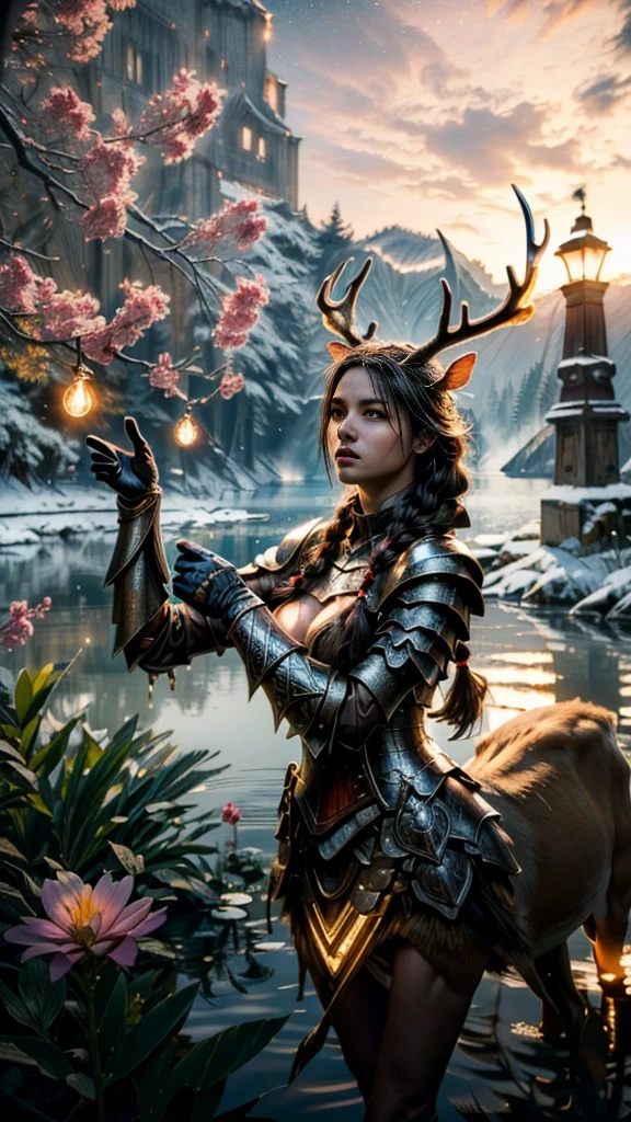 ((RAW photo:1.2)), ((masterpiece:1.2, best quality:1.2)), highres, 8k, amazing, (photo-realistic:1.4), naturalness, ultra detailed, (best shadow), (exquisitely detailed real skin texture, Detailed shiny skin), (perfect anatomy:1.7), (cinematic lighting), glowing eyes, glowing lips,
BREAK
((female warrior), large breast, long braid hair, long armor dress), winter, (Celestial luminescent lake, glowing water,ethereal reflections), deep dark, deep night, unstable atmospheric, (action motion), Deer antlers