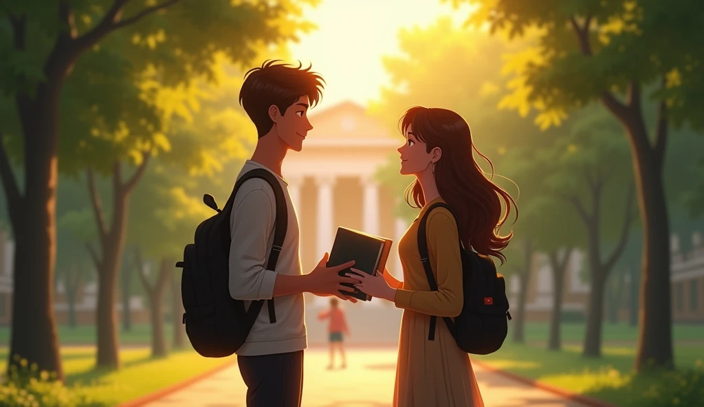Create a vibrant YouTube thumbnail featuring a romantic couple standing close to each other in a serene university campus. The background should have lush greenery, tall trees, and a glimpse of a library or academic building to signify the setting. The couple should have a gentle smile, with the male character handing a book to the female character, symbolizing the beginning of their connection. The female character can have flowing hair, and the male character should look a bit shy but warm. Soft, warm lighting should highlight their faces, creating an intimate and inviting atmosphere. 