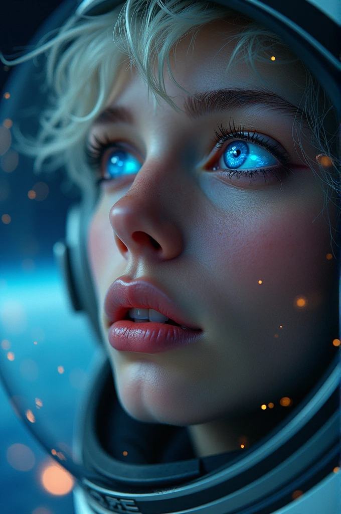 (Close-up of a better masterpiece:1.5)0.9], (Space and astronauts:1.2) (Messy silver hair:1.1) (Heterochromia xanthochromia and blue eyes:1.2) (Space Helmet:1.0) (Colored stars in the eyes:1.0) (A radiant glow:1.1) (thick lips:0.9)