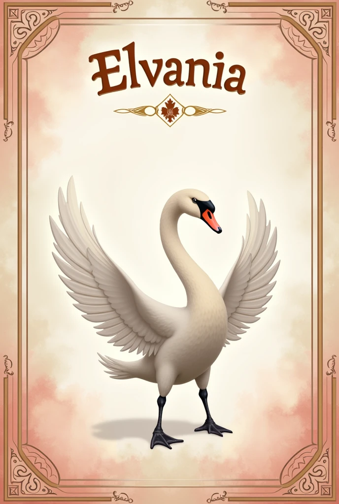 A country flag that shows swan in their flag. The country name is Elvania. With the title Elvania on the flag. The color is white, soft pink, gold and ivory.