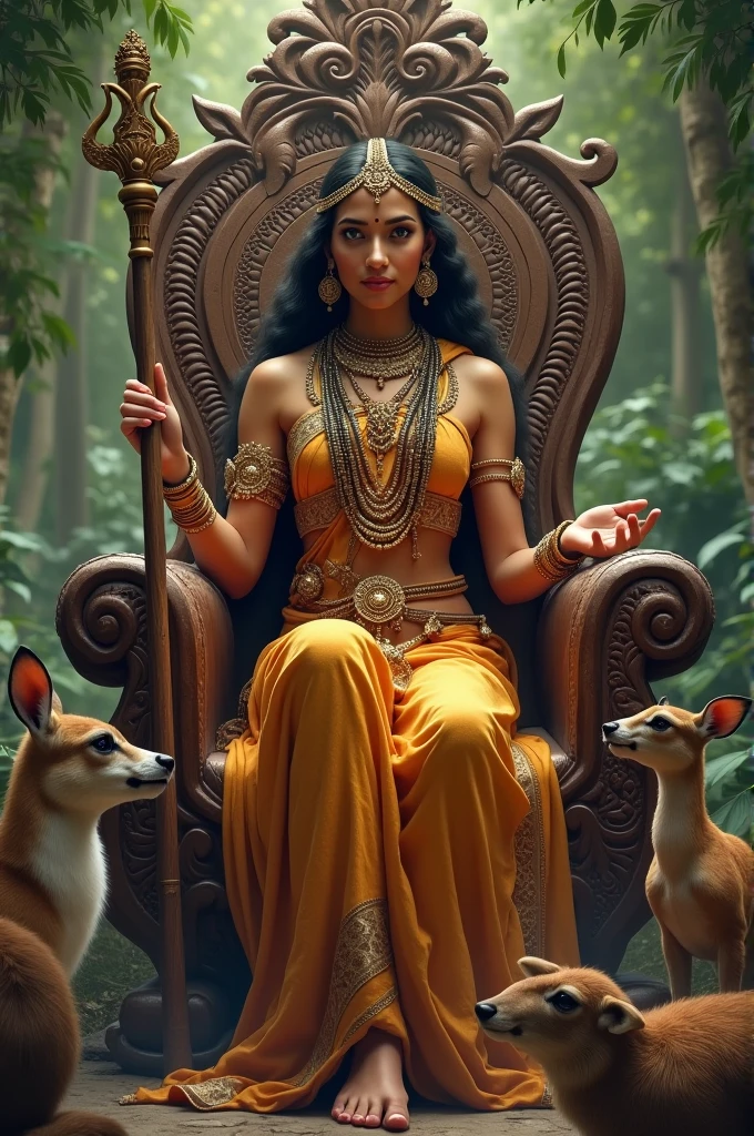 An Indian woman sitting on a wooden throne holding a staff and animals