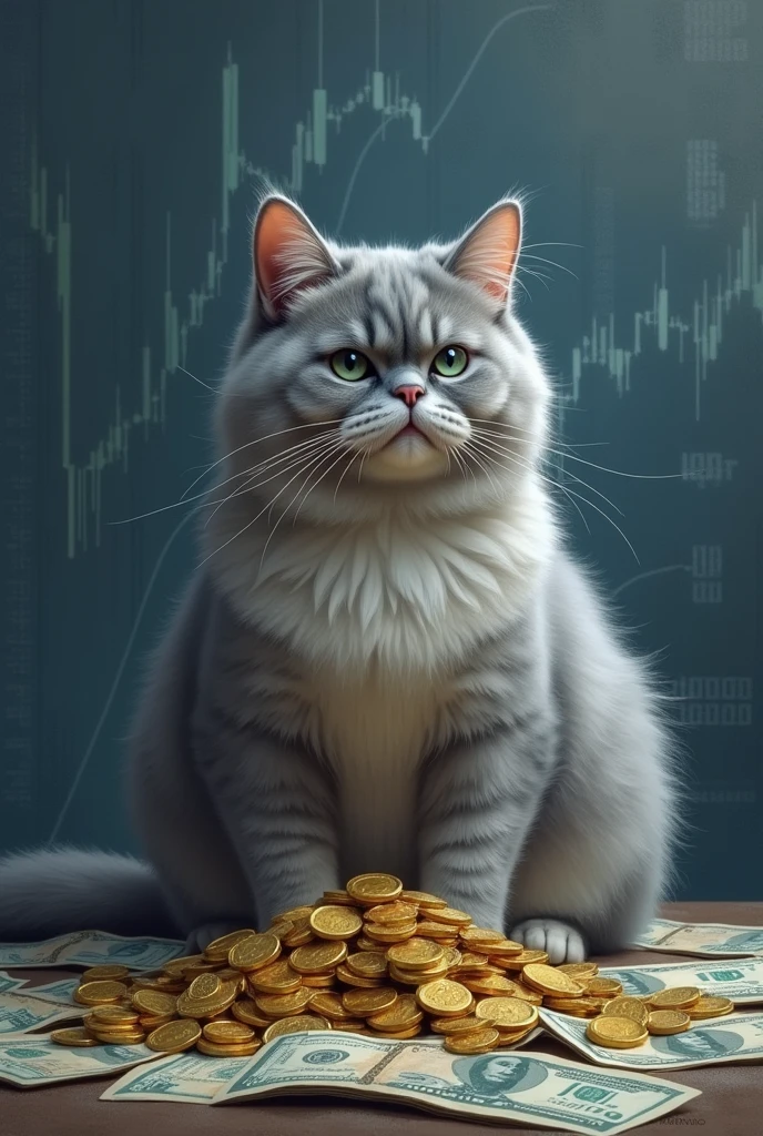 A fat gray cat sits looking at a pile of money and gold and the background is a blue and gray Forex chart.