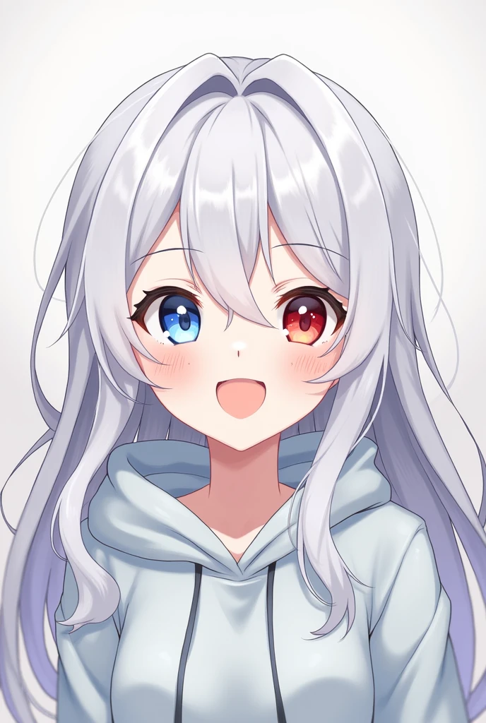 High resolution, Shortcuts, Silver Hair, Odd Eye, Simple Background, Anime Style, blue eyes, Red eyes, Hood worn, happiness/joy,