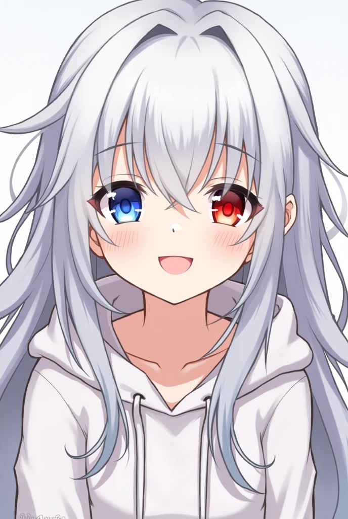 High resolution, Shortcuts, Silver Hair, Odd Eye, Simple Background, Anime Style, blue eyes, Red eyes, Hood worn, happiness/joy,