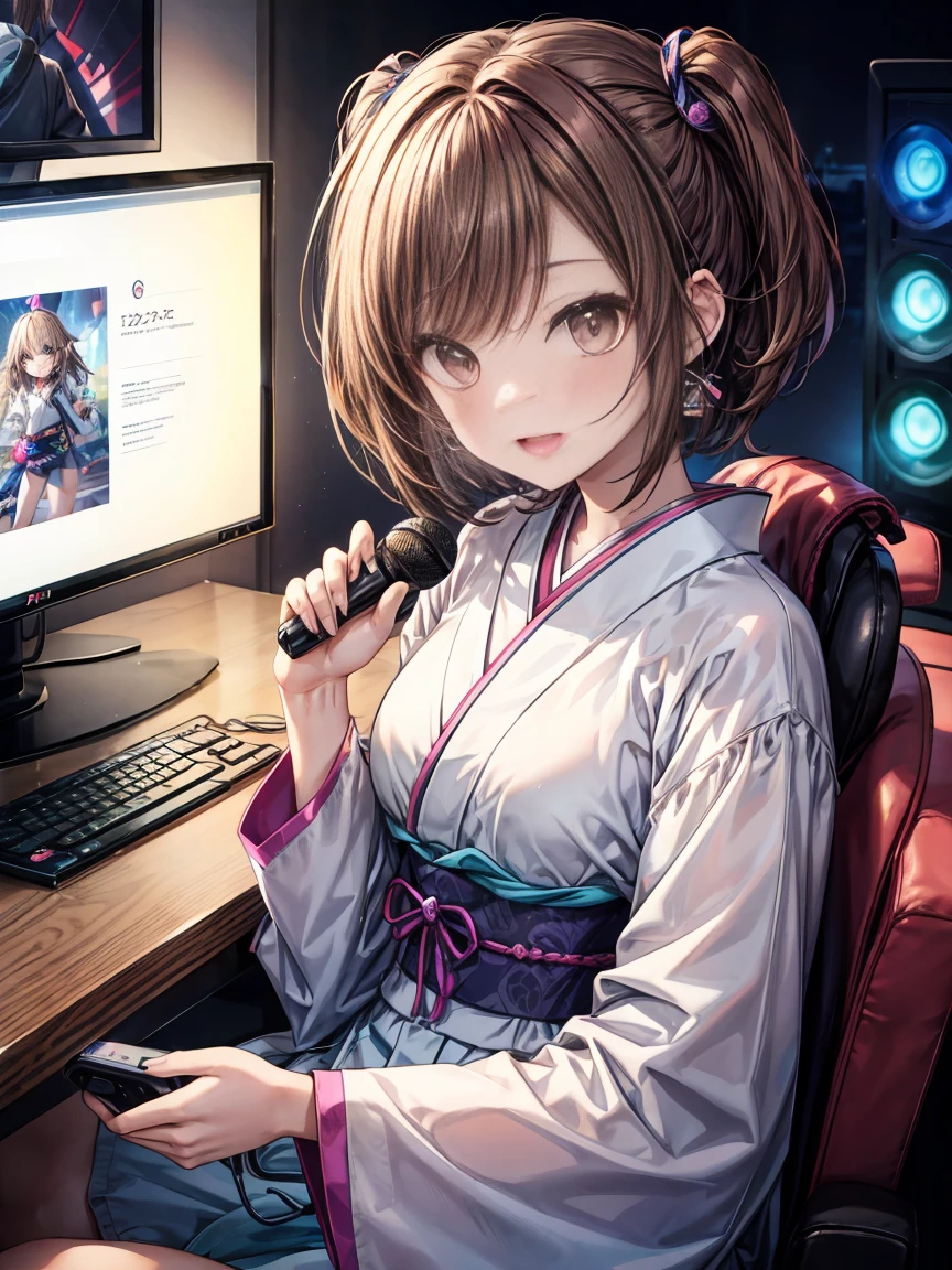 A cute Japanese female idol livestreaming a video game. She has large expressive eyes, a bright smile, and medium brown hair with colorful streaks. She's wearing a trendy, colorful outfit with kawaii accessories. The background shows a cozy gaming setup with LED lights, posters of popular games, and a professional microphone. The idol is energetically reacting to the game she's playing, visible on multiple screens around her