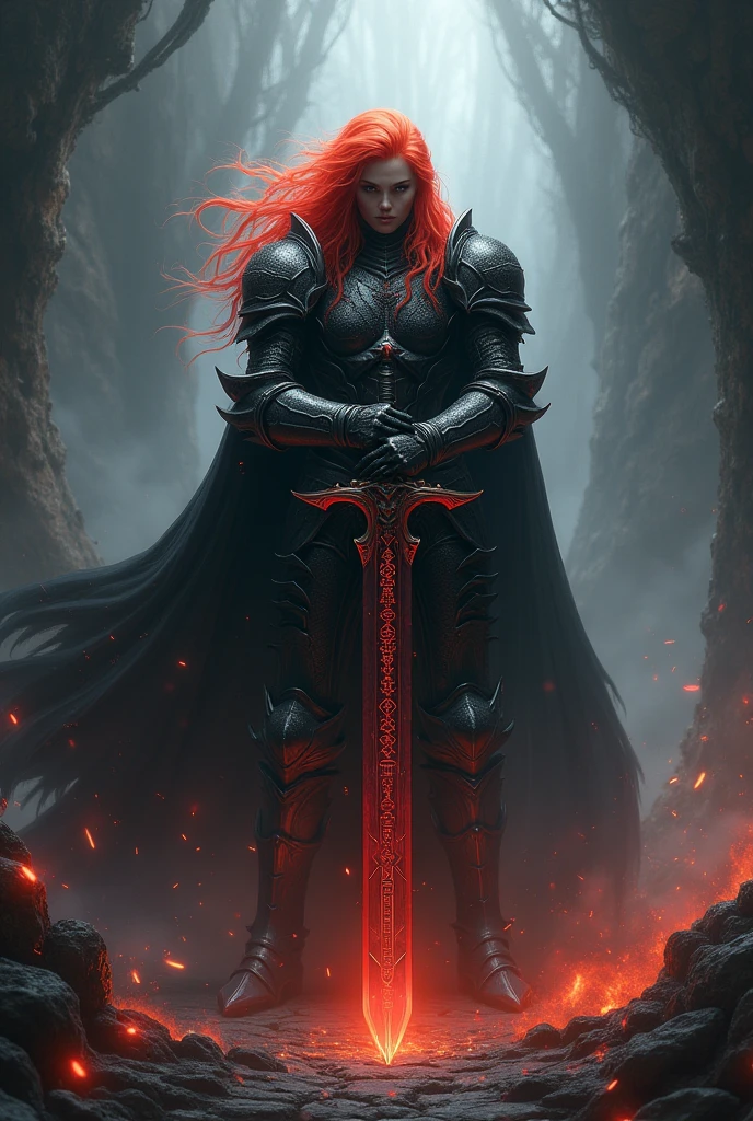 A knight with a red mane and a large sword with the dark matter ability