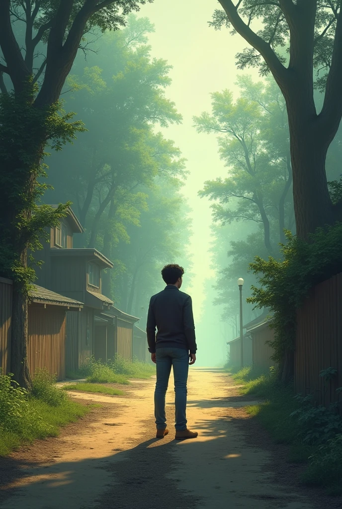 Create an image of a person standing at a crossroads, with one path showing a familiar scene and the other a completely new environment. Use light and shadow to enhance the feeling of repetition and recognition."