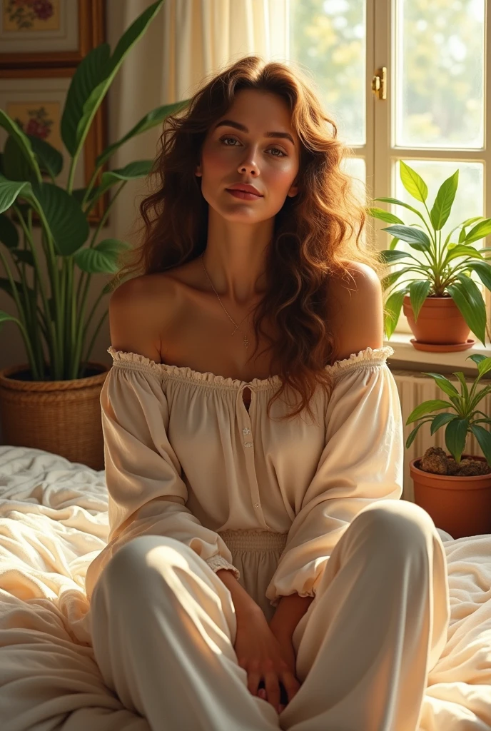 Hyper realistic, beautiful woman, sitting on bed, wearing loose off-shoulder top, pajama pants, long curly hair, indoors, soft lighting, plants in background, window with sunlight, cozy room, relaxed pose, realistic, intricate details, warm colors, by Greg Rutkowski, by Alphonse Mucha