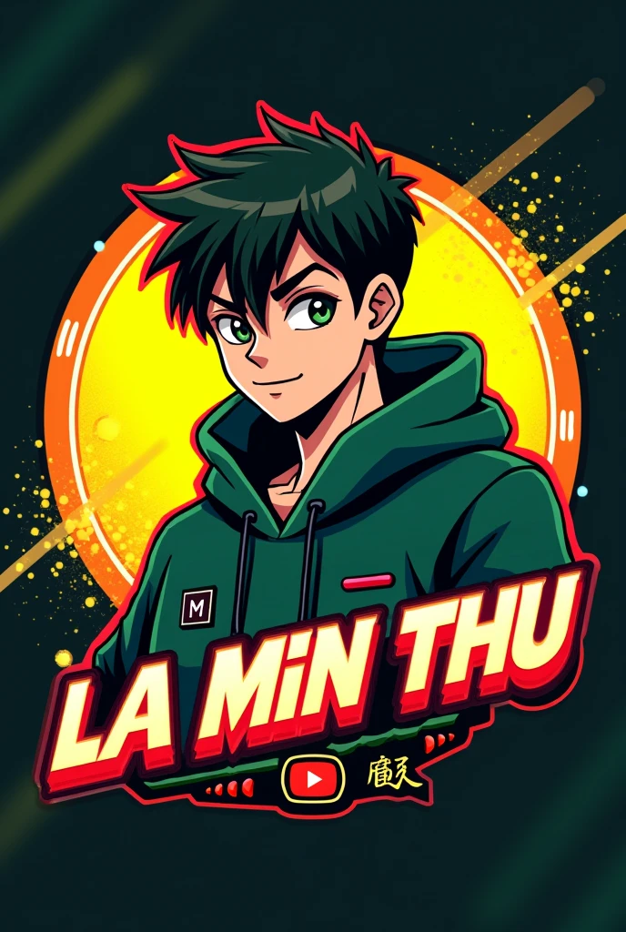 This is a gaming logo that features the name " La Min Thu " in a futuristic font and a Yellow Green Red color. and Boy Anime avtar, The logo also has a stylized controller icon and a YouTube play button in the background. The logo is designed to be attractive and eye-catching, and to appeal to gaming enthusiasts and YouTube viewers. I hope you like it.