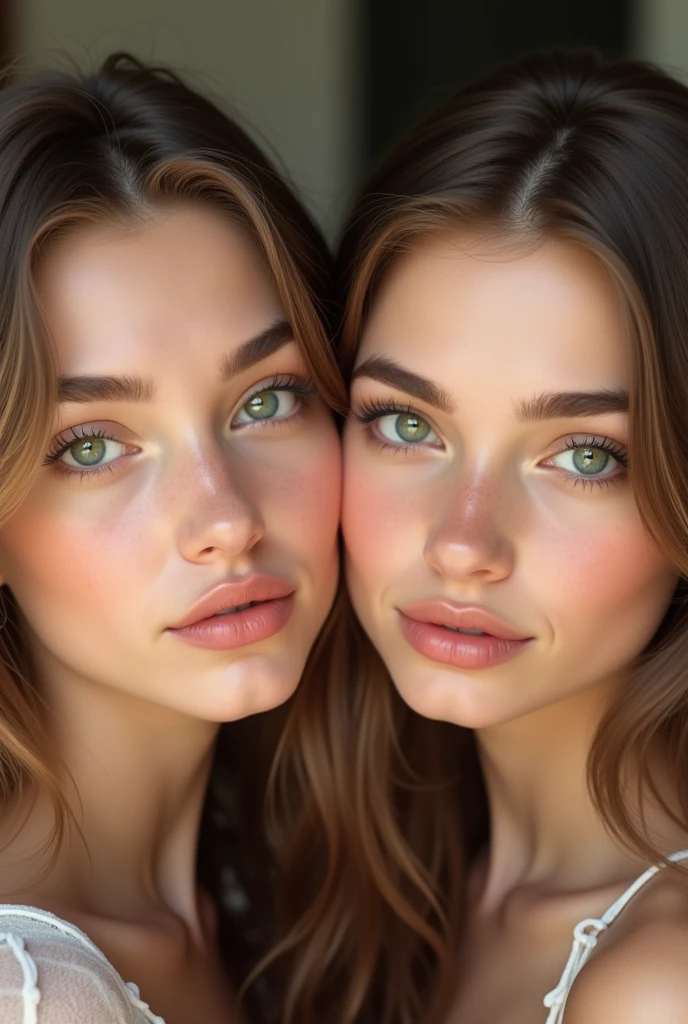 2 Caucasian young woman, green eyes, rounded eye shape, cute look, Full lips, diamond shaped face, small nose, curved round eyebrows,