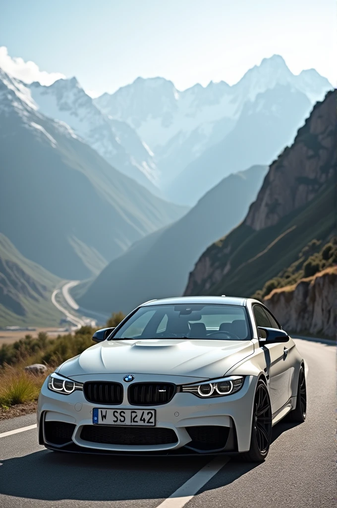make a portrait with a bmw m3 e92 color white area on transfagărașan registration numbers CS 92 RUN