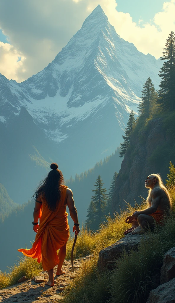 The scene opens with Bhima, one of the Pandavas, walking on the Gandhamadan mountain during their exile. He spots an elderly monkey, who is actually Hanuman, lying with his tail spread out.