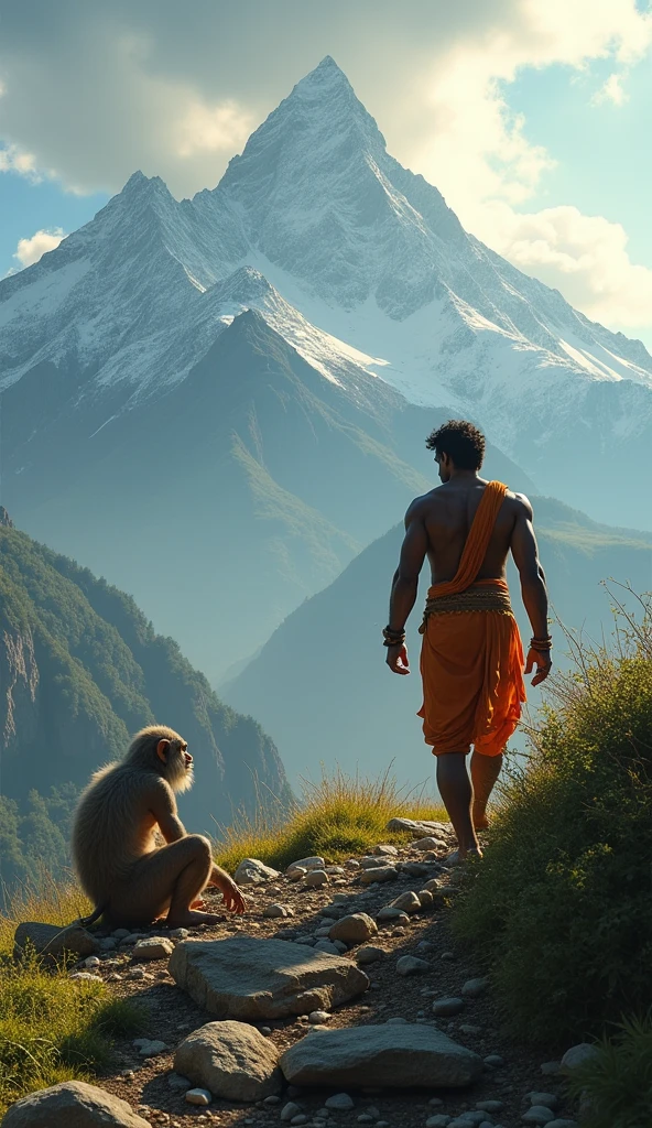 The scene opens with Bhima, one of the Pandavas, walking on the Gandhamadan mountain during their exile. He spots an elderly monkey, who is actually Hanuman, lying with his tail spread out.