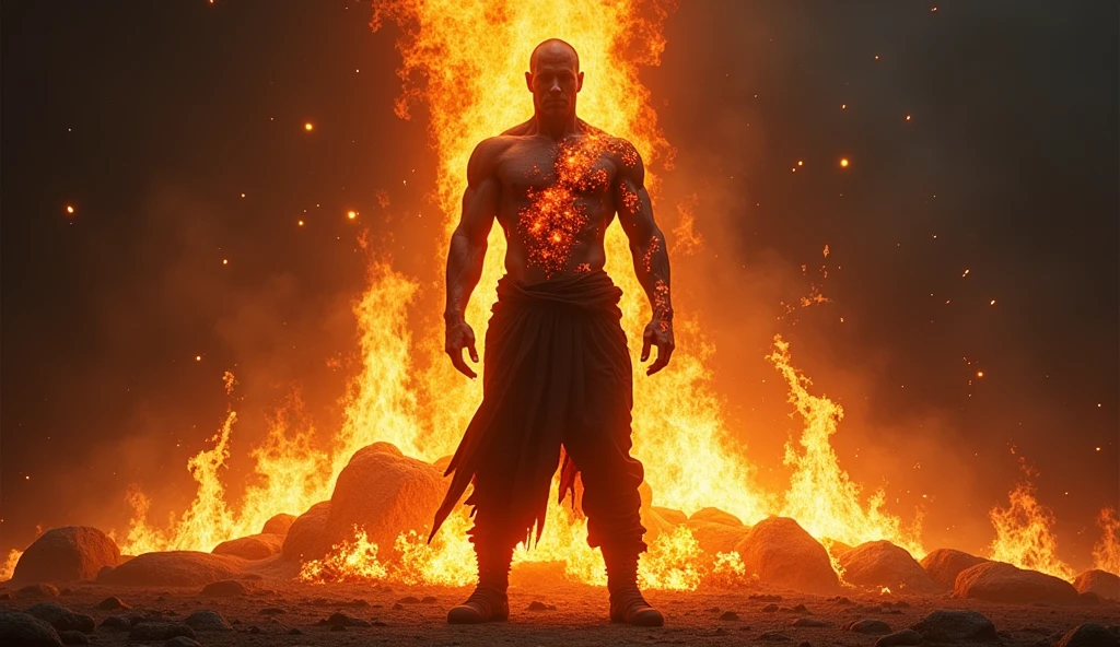 Create a realistic image wher : Flames and glowing embers rise from beneath the feet of a determined man figure, with scars on their body glowing, symbolizing pain turning into powerful fuel.