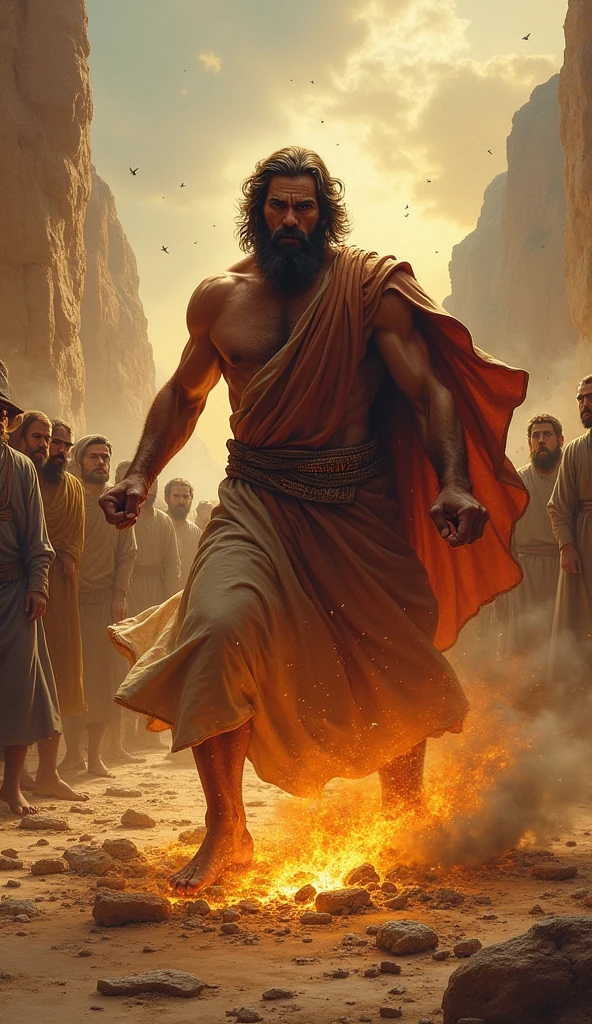 The Wrath of Moses Description: Moses breaks the Tablets of the Law in response to calf worship and destroys the idol. Show the destruction of the calf and the reaction of the Israelites.
imagery: Moses breaking the tablets, the calf being burned and ground.