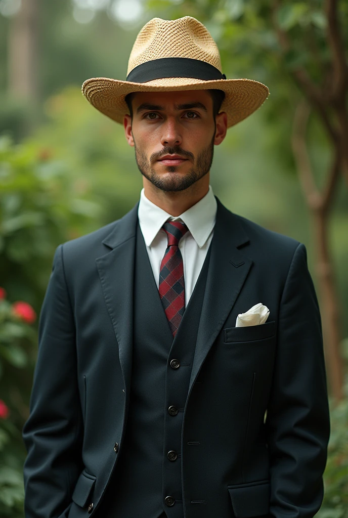 Create a new image of a man wearing a straw hat and formal wear