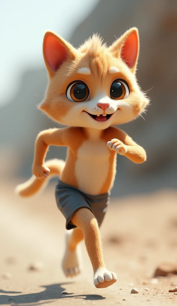 3d、Ultra HD、Side view、Digital Art、Real People、A person with a human body and a cat face is running forward with a smile