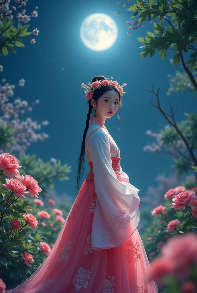 best quality, high_resolution, distinct_image, detailed background ,girl, hanbok,flower,garden,moon, night,dutch angle, wide shot, crown, 
