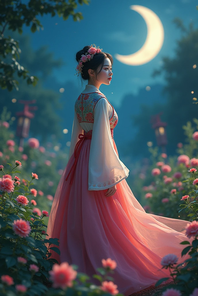 best quality, high_resolution, distinct_image, detailed background ,girl, hanbok,flower,garden,moon, night,dutch angle, wide shot, crown,