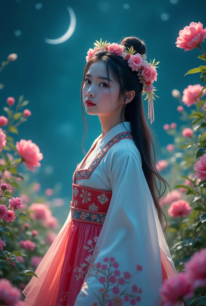 best quality, high_resolution, distinct_image, detailed background ,girl, hanbok,flower,garden,moon, night,dutch angle, wide shot, crown, 