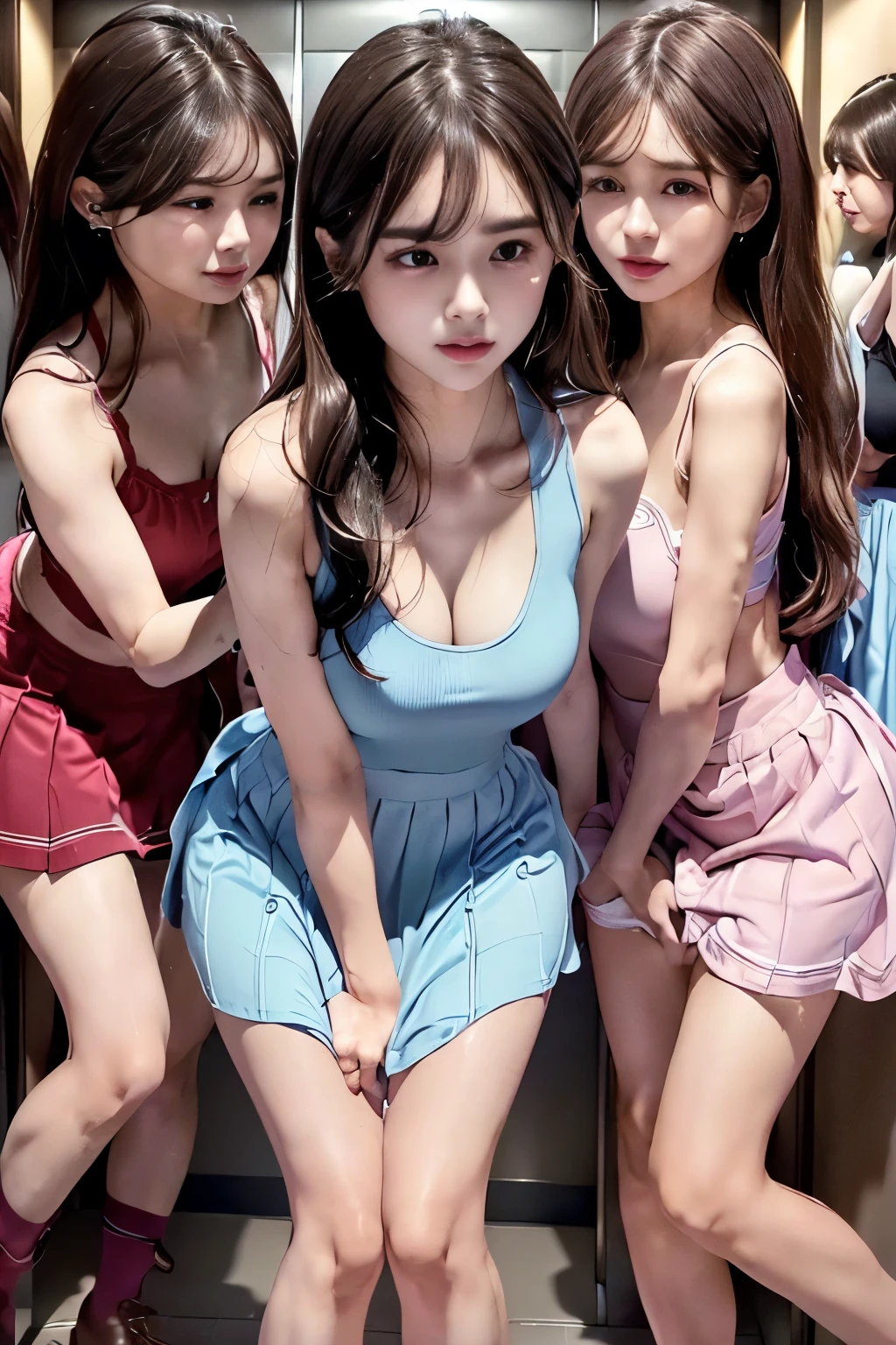 (ultra-detailed, best quality, anatomically perfect body), (full body), (small breast:1.3), shiny skin, (Various girls), (have to pee), (urge to pee:1.3), (very desperate to pee:1.2), bladder crisis, (restroom entrance), (waiting for restroom with line of girls in queue:1.3), clean interior, (standing), (various kind dress), (various long skirt:1.4), (flats, various hairstyle), various bag, (knees together and feet apart:1.2), (Rub each other's thighs:1.2), leaning forward, (hand between legs), (holding the crotch:1.3), (fidgeting around:1.4), (nose blush:1.1), (embarrassment1.3), (impatience:1.1), flowing sweat, (parted ilps:1.1), (erotic body twist:1.4), (breathless), (sad:1.1), (tearful), (thin eyes:1.5), (looking away), from side, (from back:1.1), (very Bright:1.2),