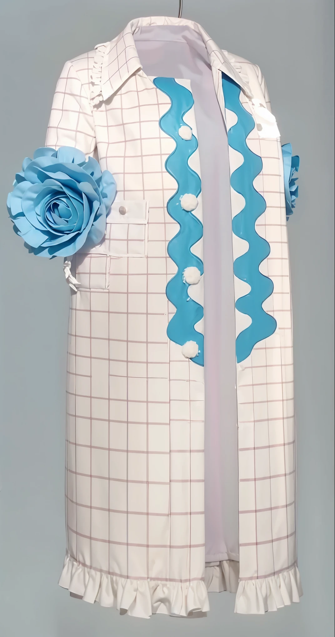 White coat, Winter coat, voluminous coat. with blue flowers on the sleeves, blue flowers, plaid coat, checkered print, frills в низу, frills на пальто, frills на воротнике, blue print on coat, blue wavy line, frills на воротнике, белые frills, blue wavy line print, frills