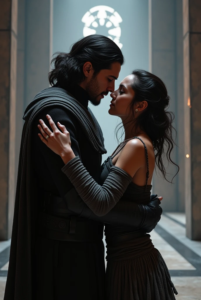 Unmasked Kylo Ren and Rey kissing in an Imperial meeting hall