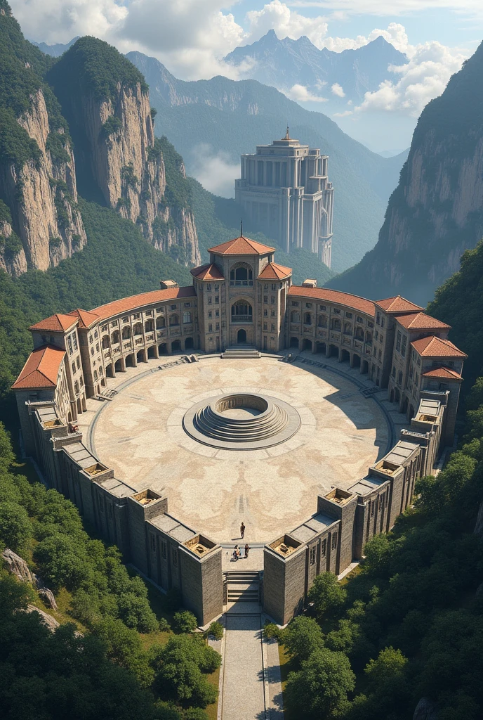 The massive courtyard, which could easily fit a thousand riders, is just like the map in the archives recorded. Shaped like an angular teardrop, the rounded end is formed by a giant outer wall at least ten feet thick. Along the sides are stone halls. I know the four-story building carved into the mountain with the rounded end is for academics, and the one on the right, towering over the cliff, is the dormsimposing rotunda linking the two buildings also serves as the entrance to the gathering hal