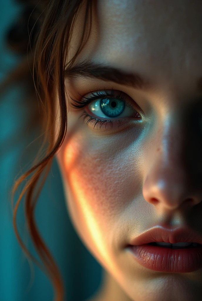 A close-up of a woman&#39;s eyes with extremely bright blue irises. The look is captivating and deep, with flashes of light that highlight the vibrant color. The skin around the eyes is smooth and well illuminated., and the background is blurred to focus attention on the eyes.

