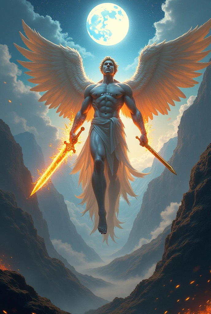 I want to create an image as realistic as possible, I want an imposing angel, strong, with power, with its immense wings and protruding flames from these wings, that is floating in the middle of the mountains, that in one hand he carries a sword, in the other that electric rays come out, around have dragons flying and spitting fire, In the background the full moon and stars, on the chest that bears the name MARCO